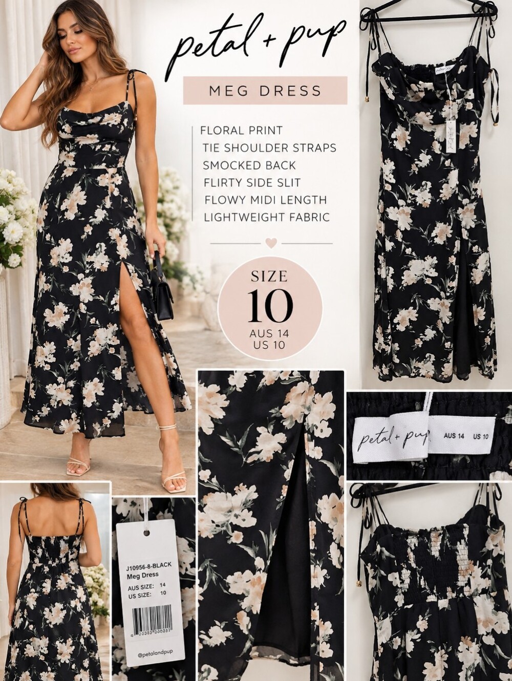 Petal + Pup Meg Dress Black Floral Midi Size 10 NWT